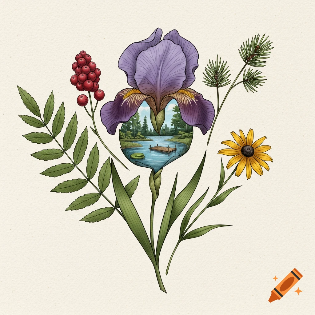 A stylized botanical illustration of an iris with a pond and dock in its center, surrounded by sumac leaves, pine needles, and a black-eyed Susan flower.
