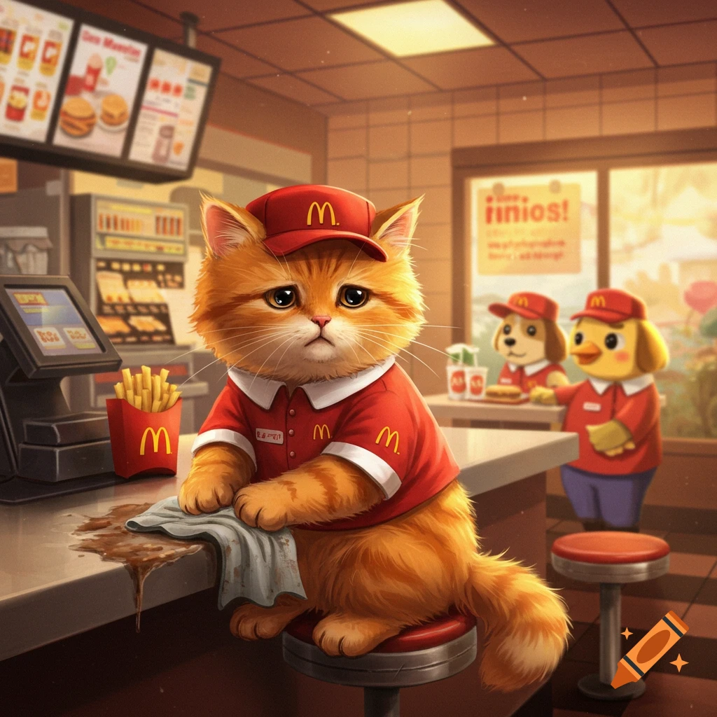 A cute, sad-looking orange tabby cat in a red McDonald's uniform cleans a spill on a counter in a fast-food restaurant.