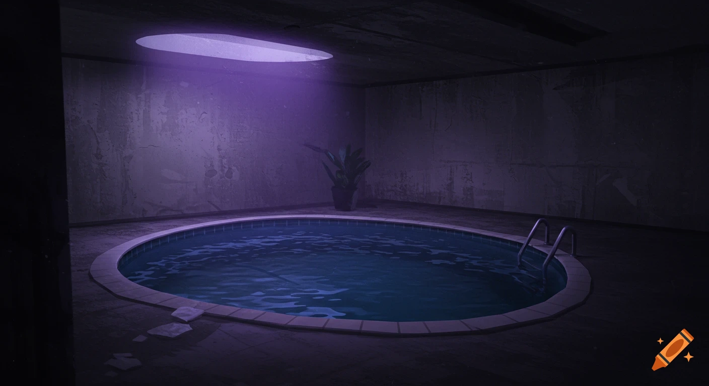 A dimly lit room features an indoor kidney-shaped swimming pool illuminated by a purple light from an oval skylight.