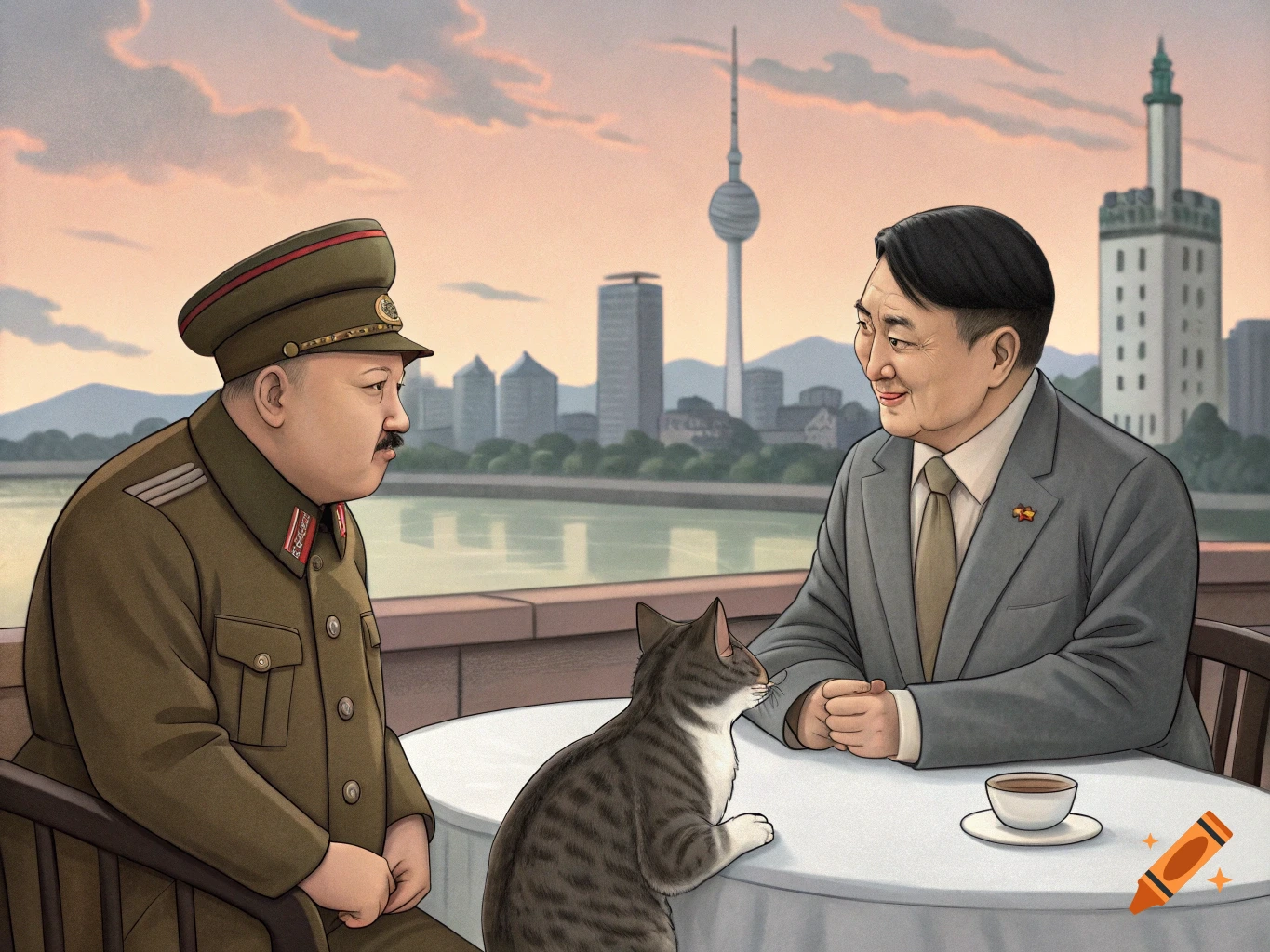 An illustrated scene of a man in military uniform and a man in a suit sitting at a table with a tabby cat, against a city skyline.