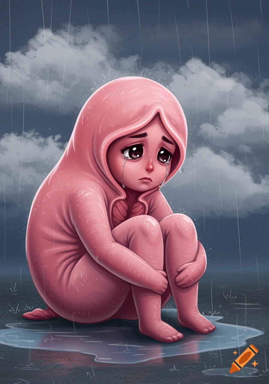 A sad, pink, cartoonish figure, shaped like soft folds, sits crying in a puddle under a cloudy, rainy sky.