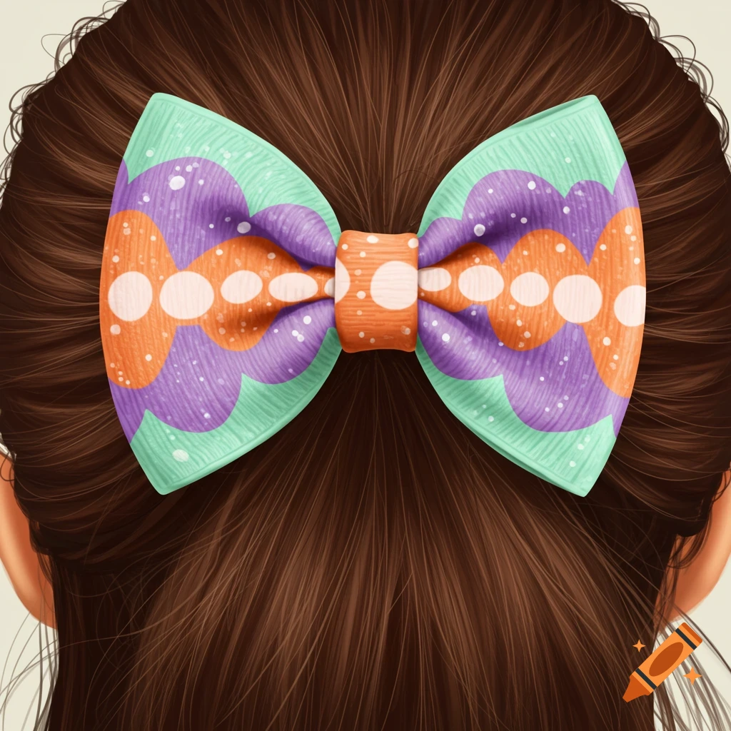 A vibrant orange, purple, mint green, and white bow tied in long brown hair.