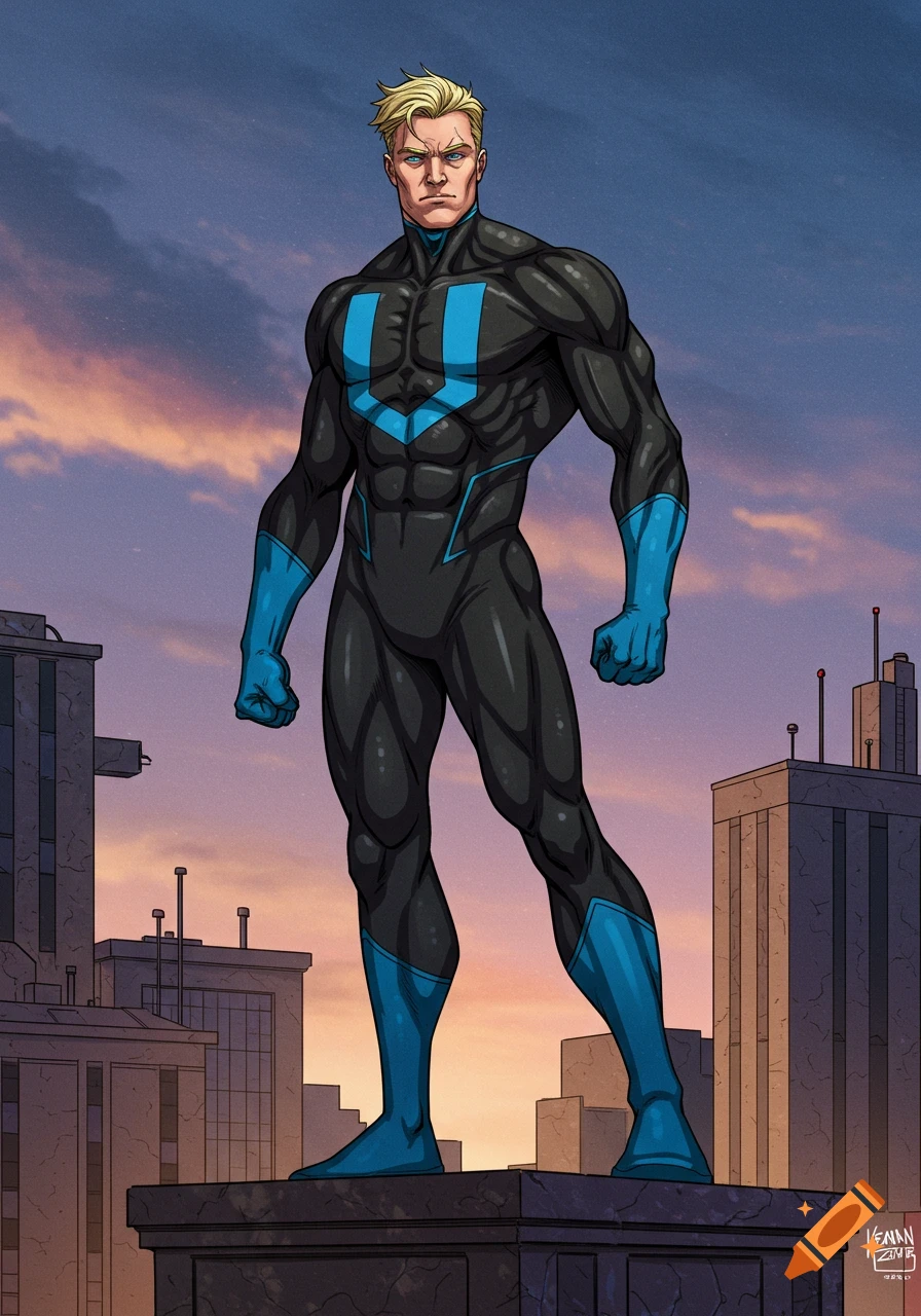 A muscular superhero with blonde hair and a black and blue suit with a 'U' symbol on his chest stands on a building at sunset.