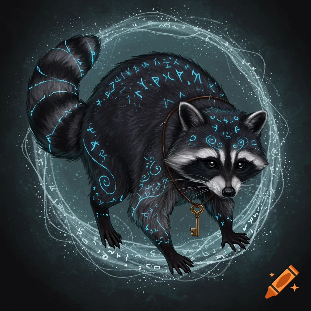 A mystical black raccoon with glowing blue runes and a key around its neck, surrounded by a magical aura.