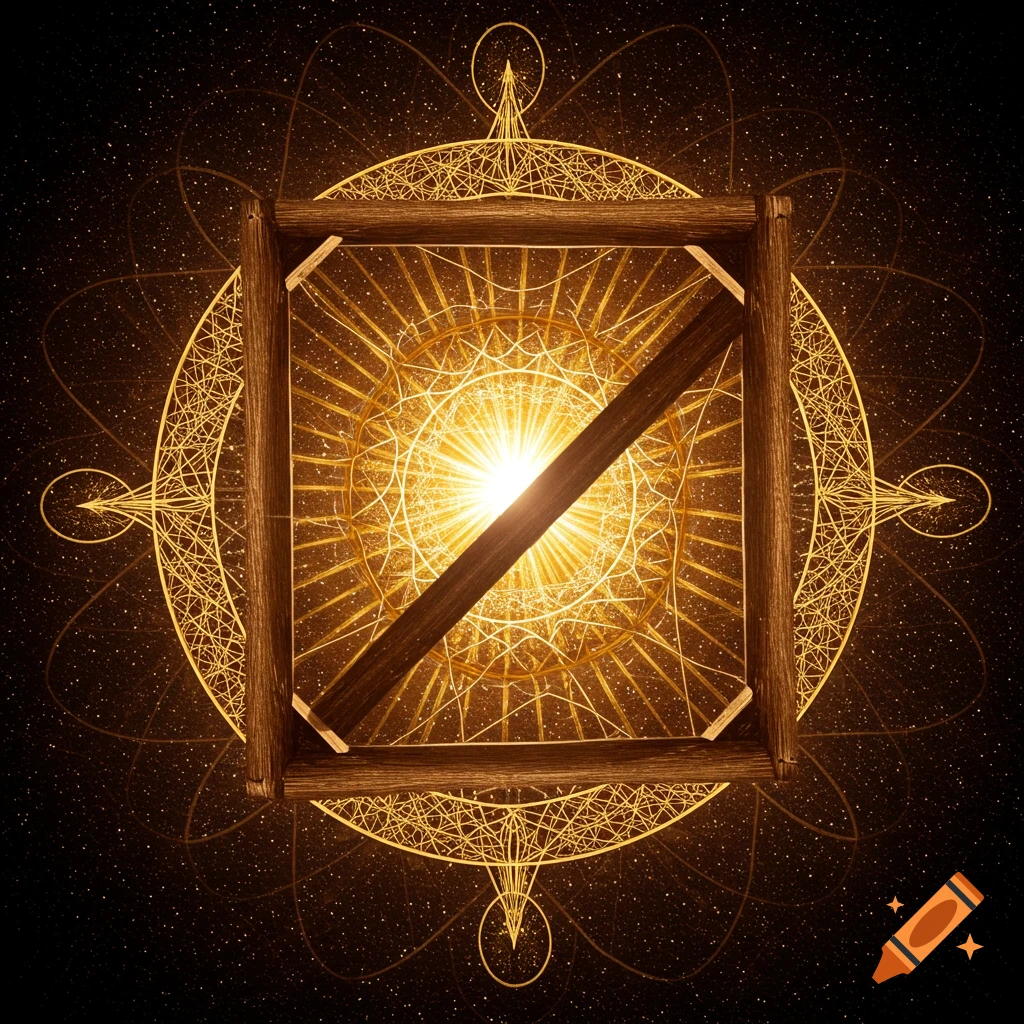 An abstract golden geometric pattern resembling a mandala with a glowing center, overlaid by a dark wooden square frame and a diagonal bar, set against a starry cosmic background.