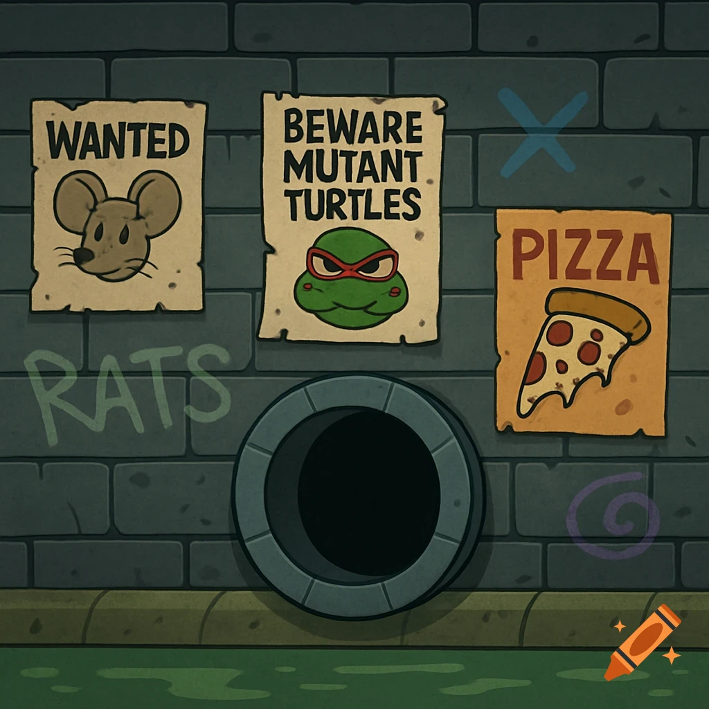 Cartoon illustration of a sewer wall featuring a pipe opening, green water, and graffiti. Posters include 'WANTED' mouse, 'BEWARE MUTANT TURTLES', and a 'PIZZA' slice.