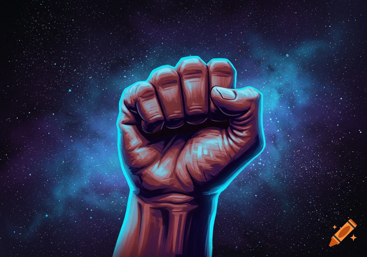 A stylized, glowing power fist raised against a deep blue and purple starry galaxy background.