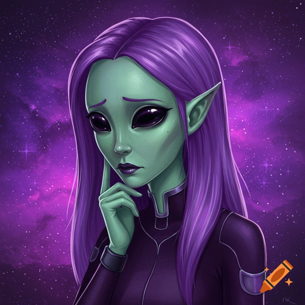 A sad green-skinned alien woman with long purple hair and large black eyes, contemplating against a starry galaxy background.