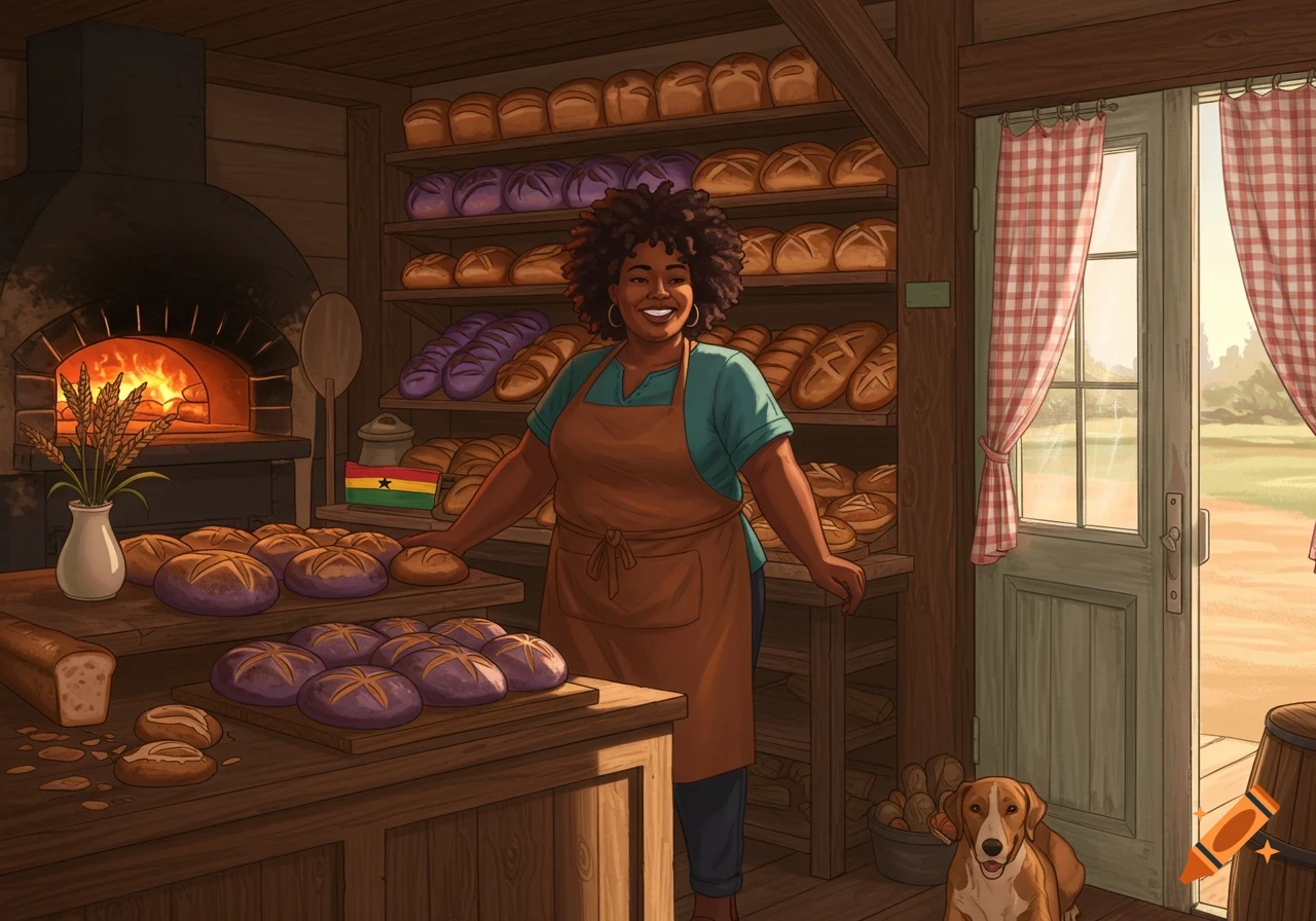 An African woman with an afro smiles in a rustic bakery with a wood-fired oven, shelves of bread, and a Ghanaian flag. A dog sits by the door.