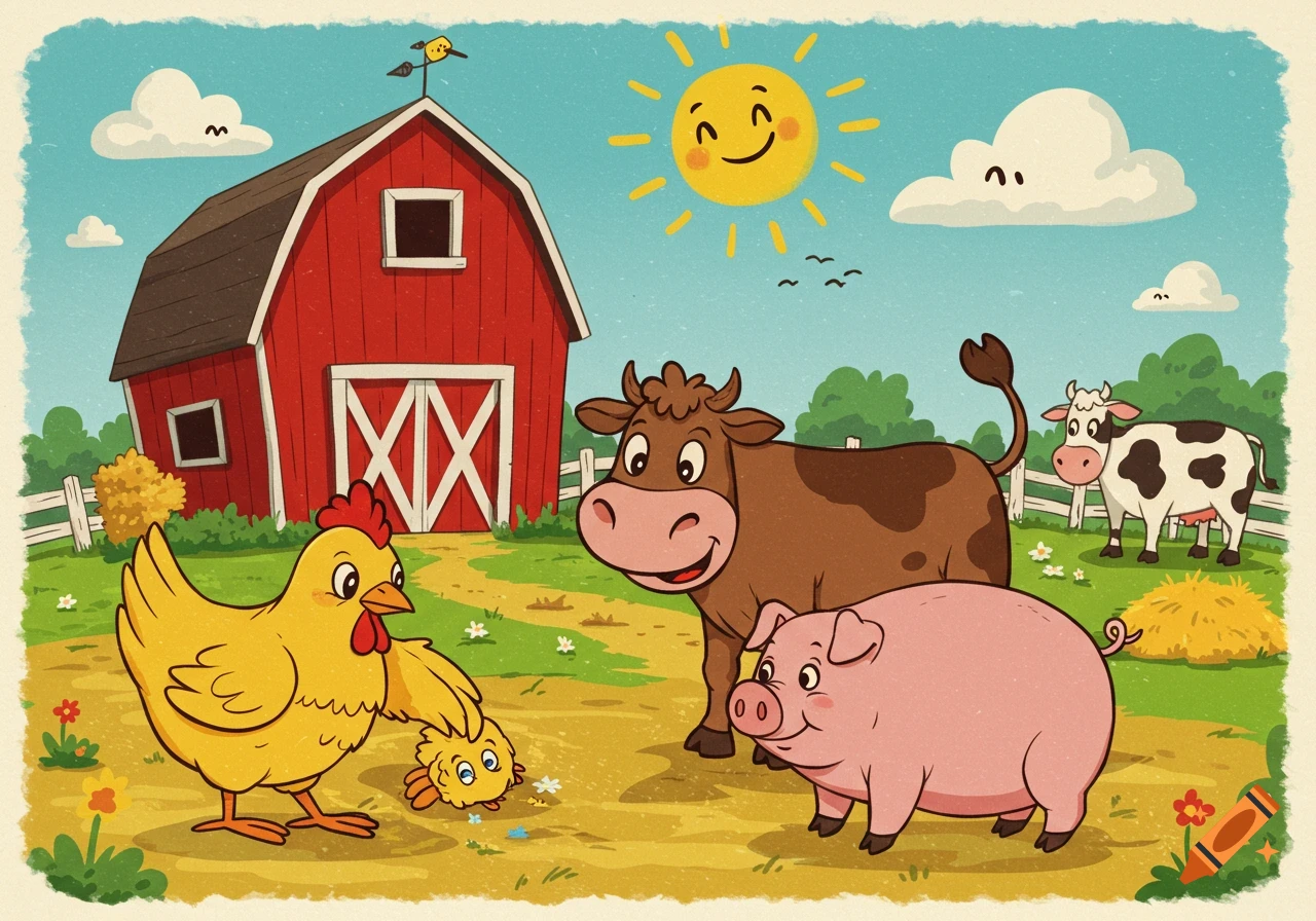 A cartoon farm scene with a red barn, a smiling sun, a chicken with a chick, a cow, and a pig in a grassy field.
