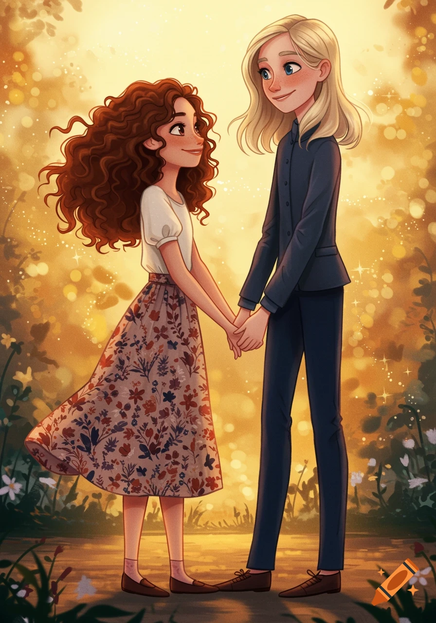 Illustration of a curly brown-haired girl in a floral skirt holding hands with a taller blonde girl in a suit against a glowing golden background.