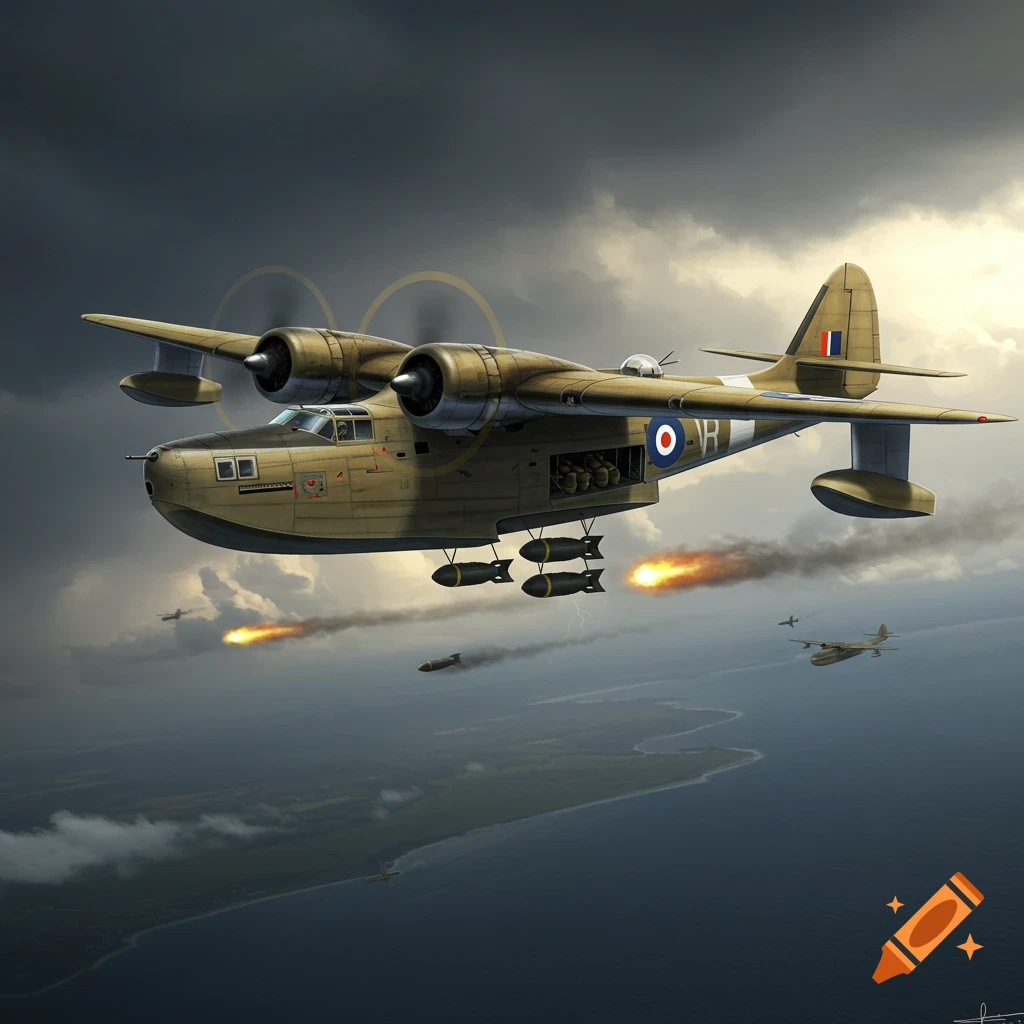 A large military seaplane drops bombs over the sea and land under a stormy sky, with other aircraft in the background.