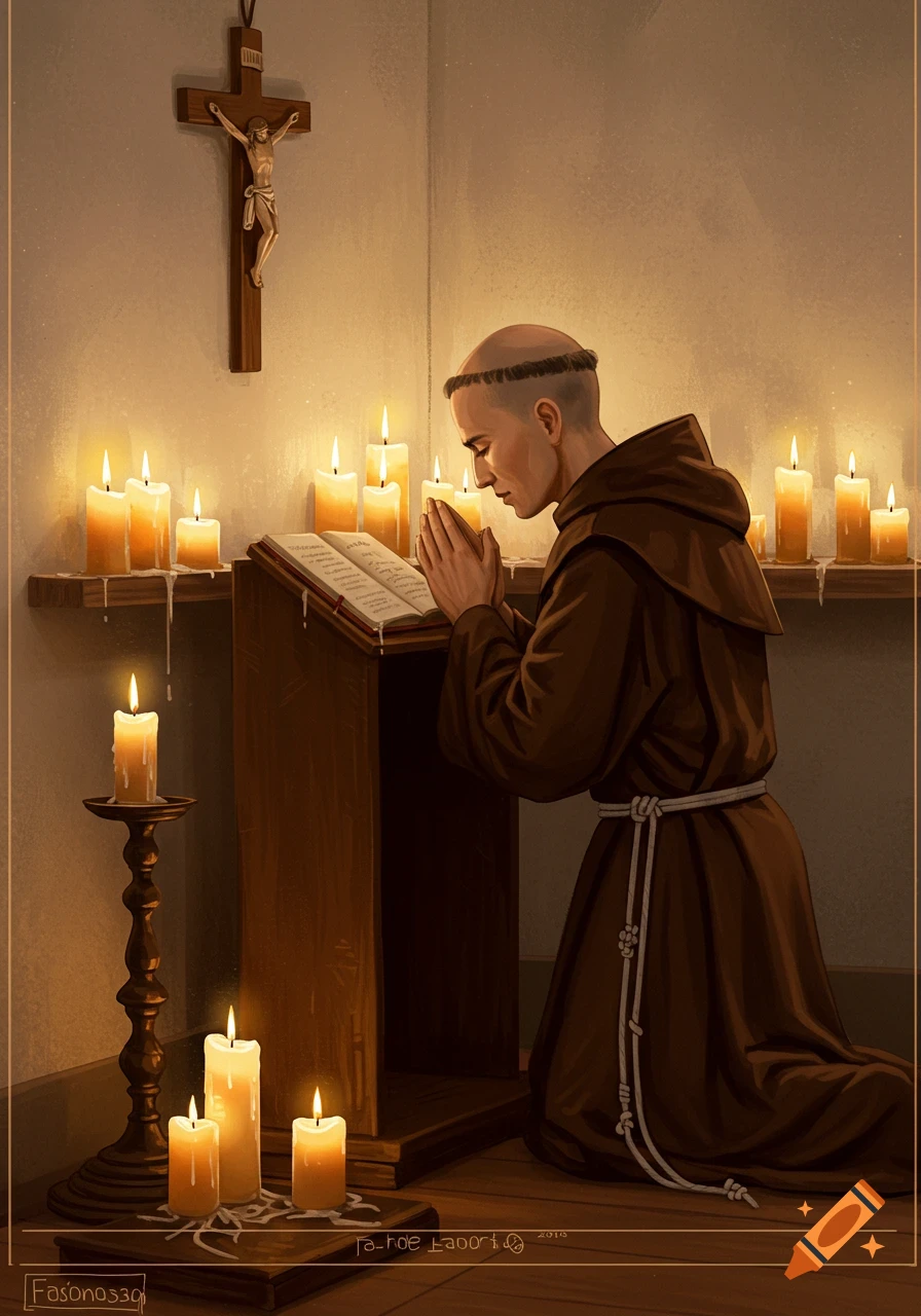 A bald monk in a brown habit kneels and prays before a lectern and many lit candles in a dimly lit room with a crucifix.