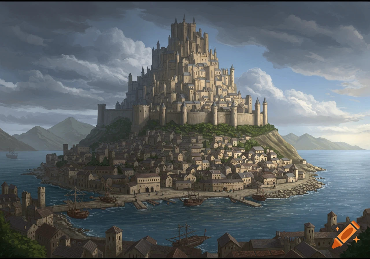 A sprawling fantasy castle town built on a hill overlooking an ocean harbor with ships, under a dramatic cloudy sky.