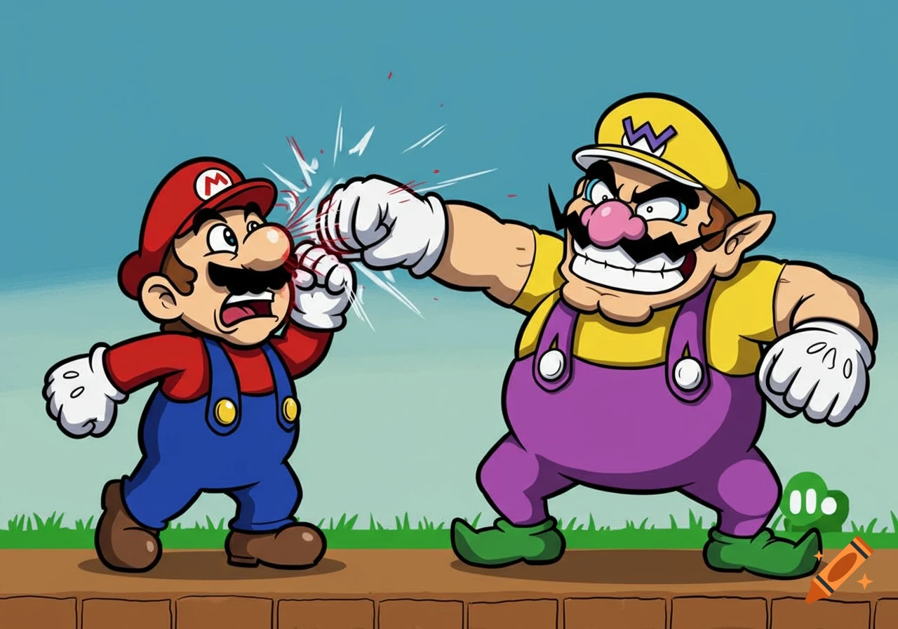 Wario punching Mario in the face, with a cartoonish blood splatter, against a blue sky background and ground.