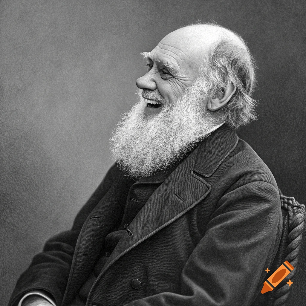 A black and white portrait of a laughing Charles Darwin with a long white beard.