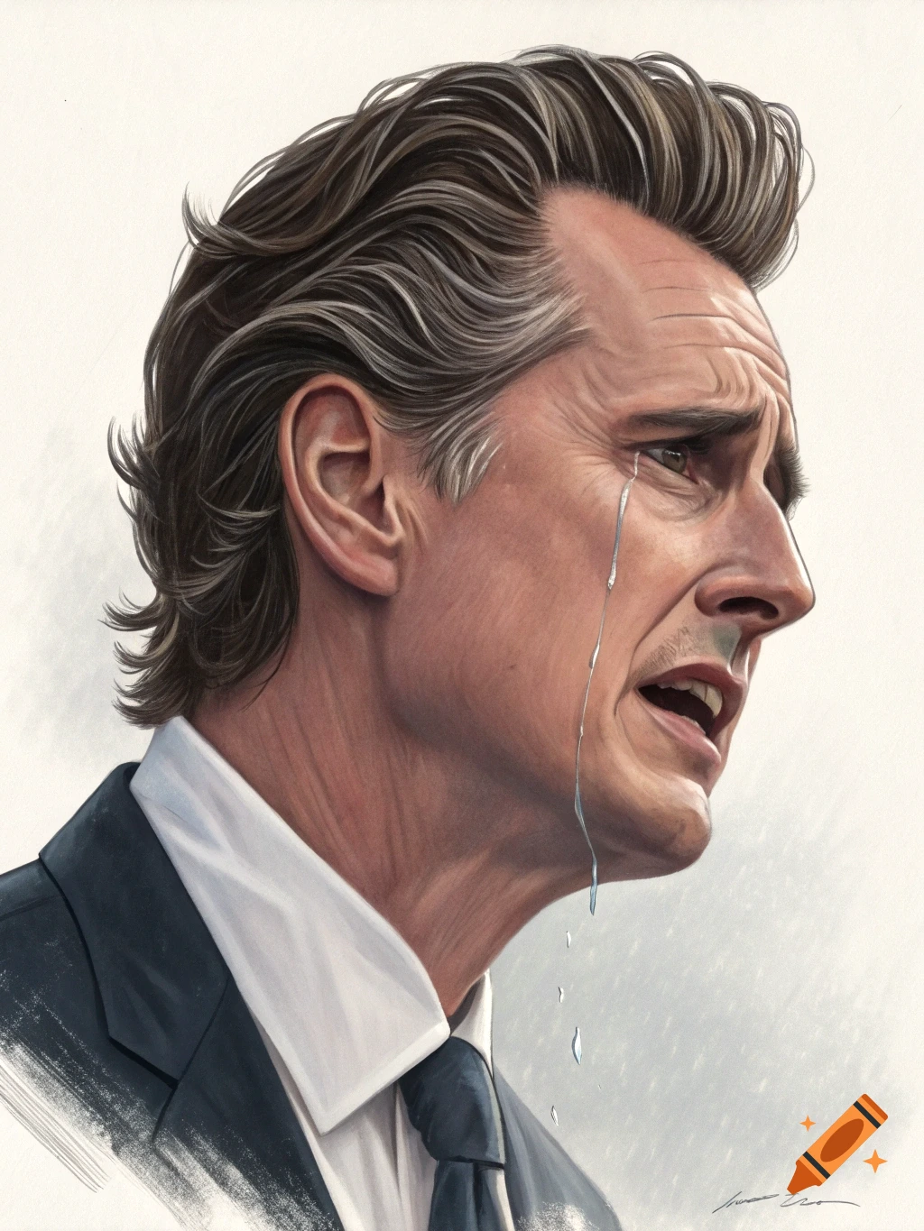 Illustrated portrait of a man with graying hair, crying with tears running down his face, looking to the right.