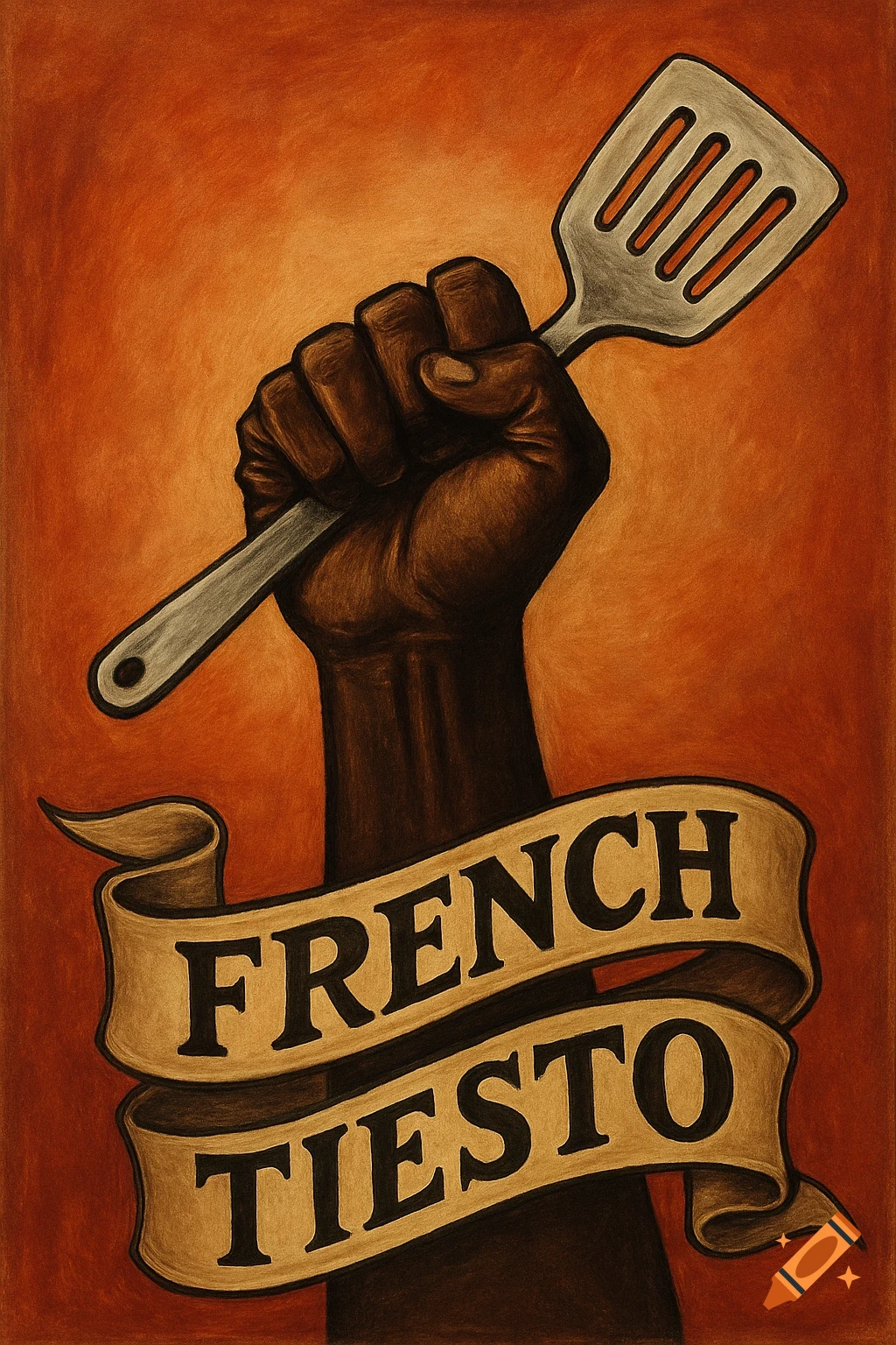 A raised dark-skinned fist holds a spatula above a banner reading 'FRENCH TIESTO', against an orange background in an illustrative style.