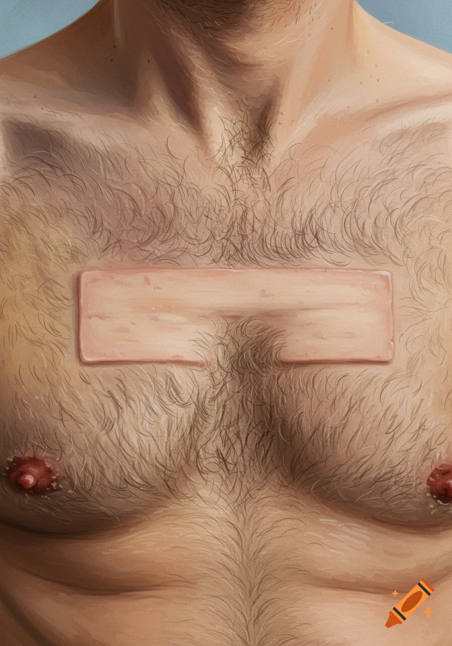 Illustration of a hairy male chest with a smooth, rectangular skin patch in the middle and stylized nipples.