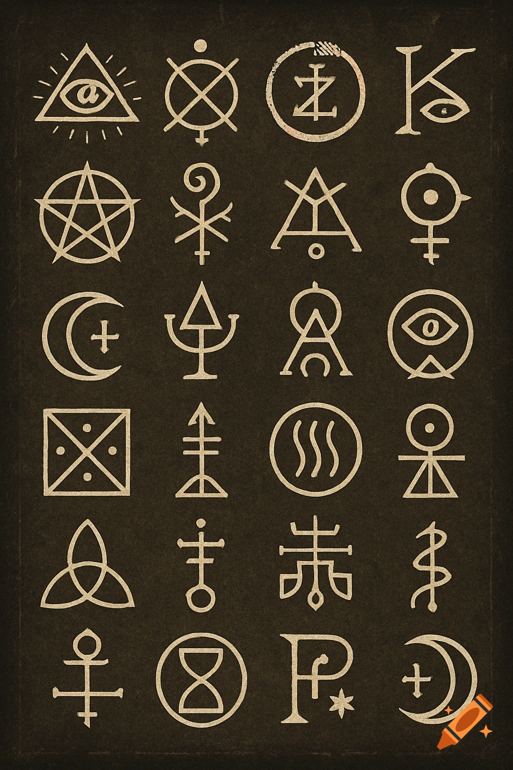 A grid of various light-colored mystical, arcane, or occult symbols on a dark, distressed background.