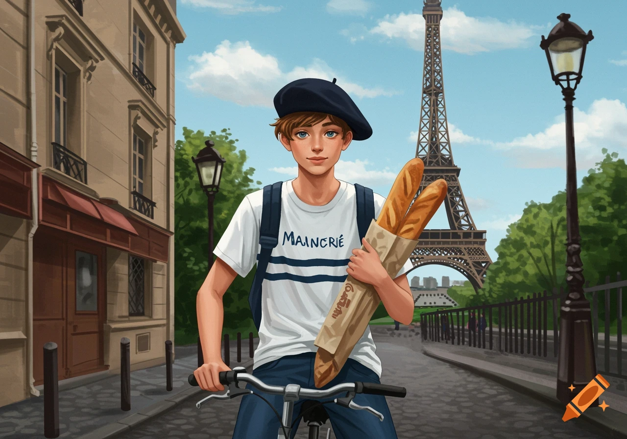 An illustrated young French man on a bicycle holding baguettes, with the Eiffel Tower in the background.