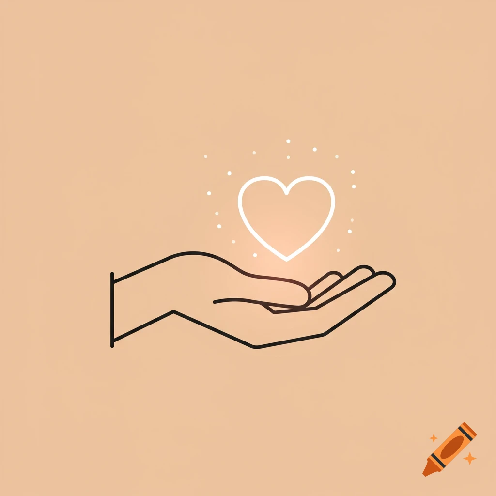 Minimalist vector illustration of an outstretched hand with a glowing white heart above its palm.