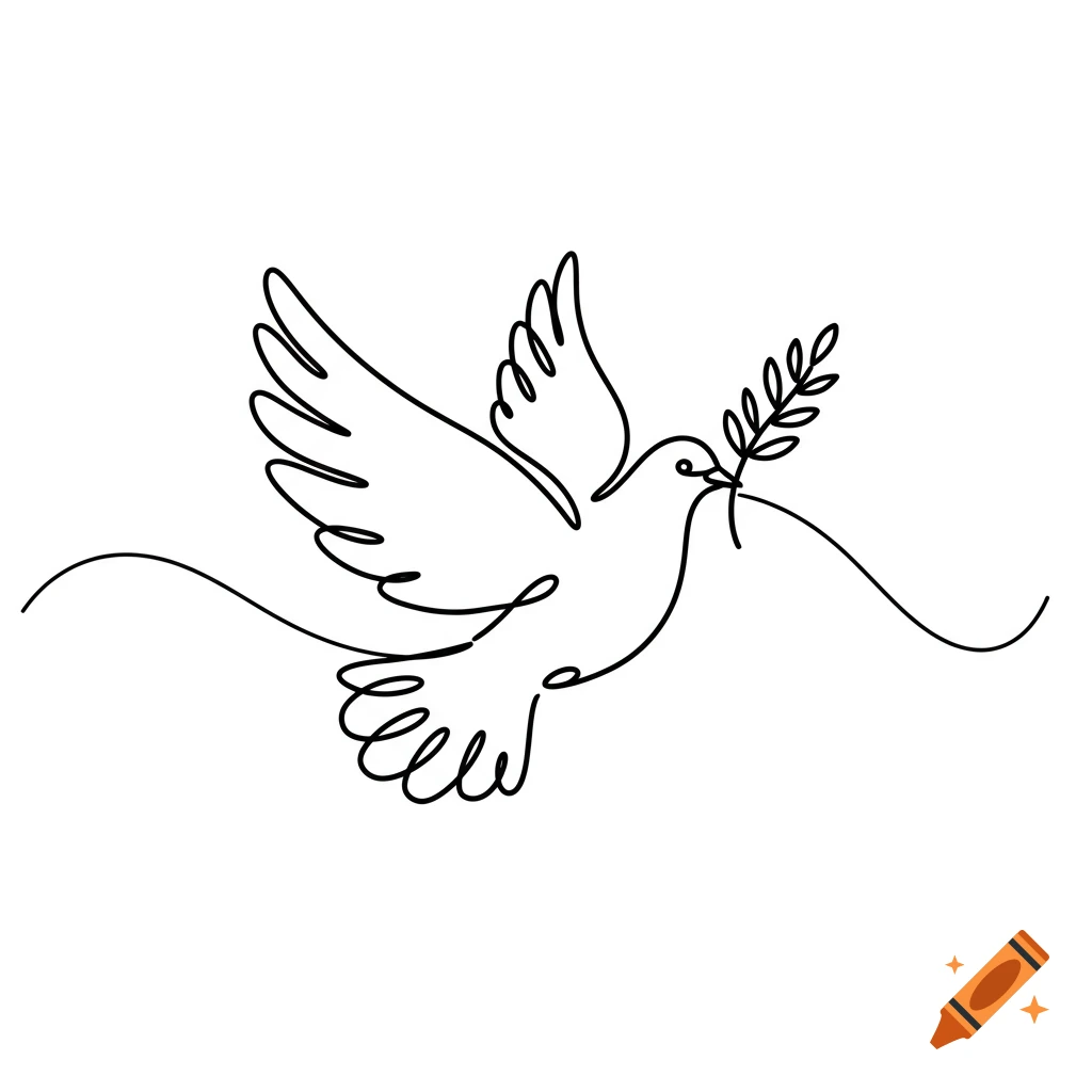 Minimalist single-line drawing of a white dove in flight holding an olive branch in its beak on a white background.