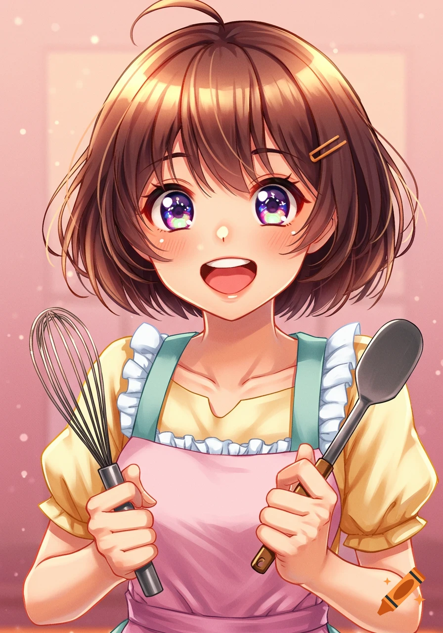 Smiling anime girl with short brown hair and sparkly eyes, wearing an apron and holding a whisk and spoon.