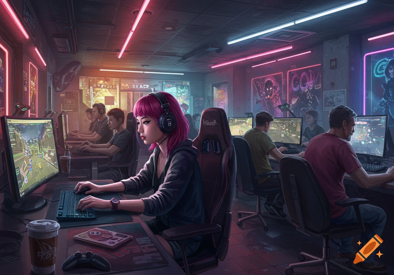 A vibrant gaming cafe filled with people. A girl with pink hair and headphones plays a game on her computer under neon lights.