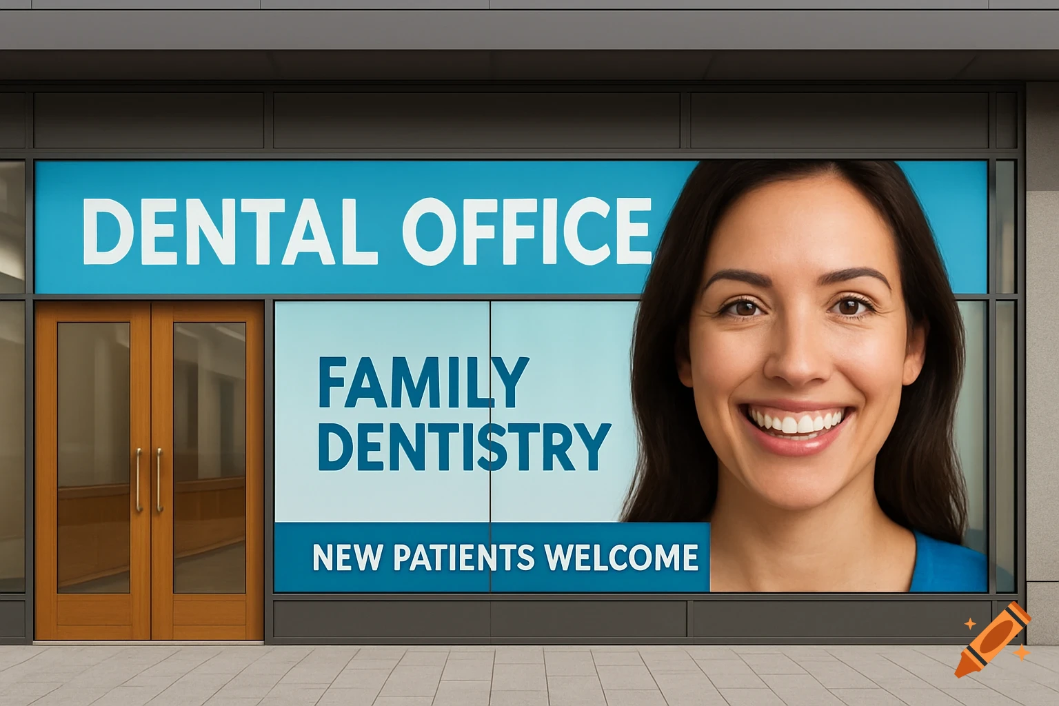 Photorealistic exterior of a dental office building with large signs reading 'DENTAL OFFICE', 'FAMILY DENTISTRY', and 'NEW PATIENTS WELCOME', featuring a smiling woman.