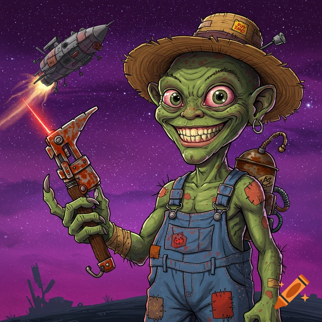 Cartoon green alien in a straw hat and overalls, holding a laser weapon, with a spaceship in a purple starry sky.