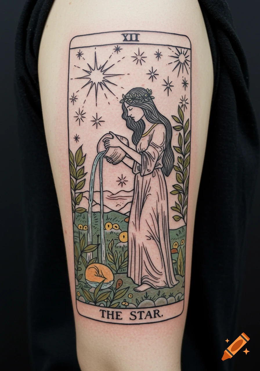 A colorful tattoo on an arm depicting The Star tarot card, featuring a woman pouring water, stars, and green foliage.