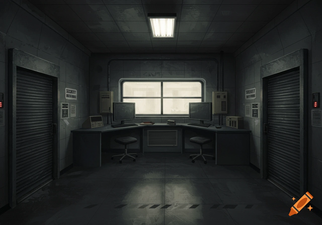 A dark, claustrophobic security office with two metal roll-up doors, a wide window, and two computer workstations.