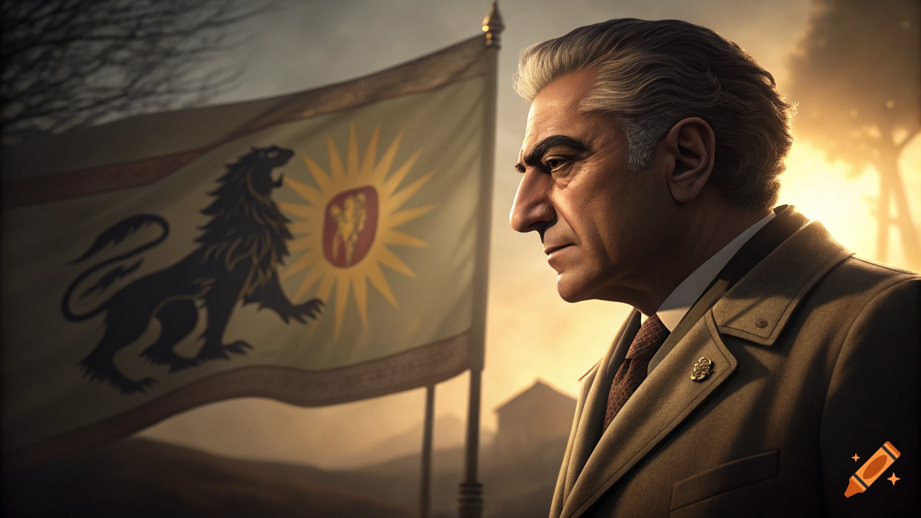 Dramatic portrait of Reza Pahlavi with a serious expression, the historic Lion and Sun flag waving behind him in warm golden light.