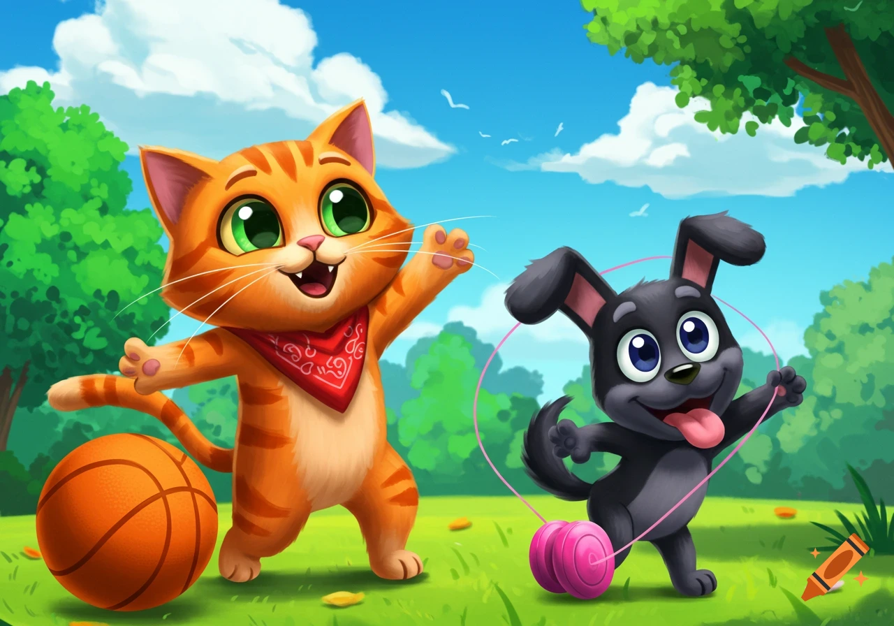 A happy orange cartoon cat and a black cartoon dog play with a basketball and a yo-yo in a bright green park.