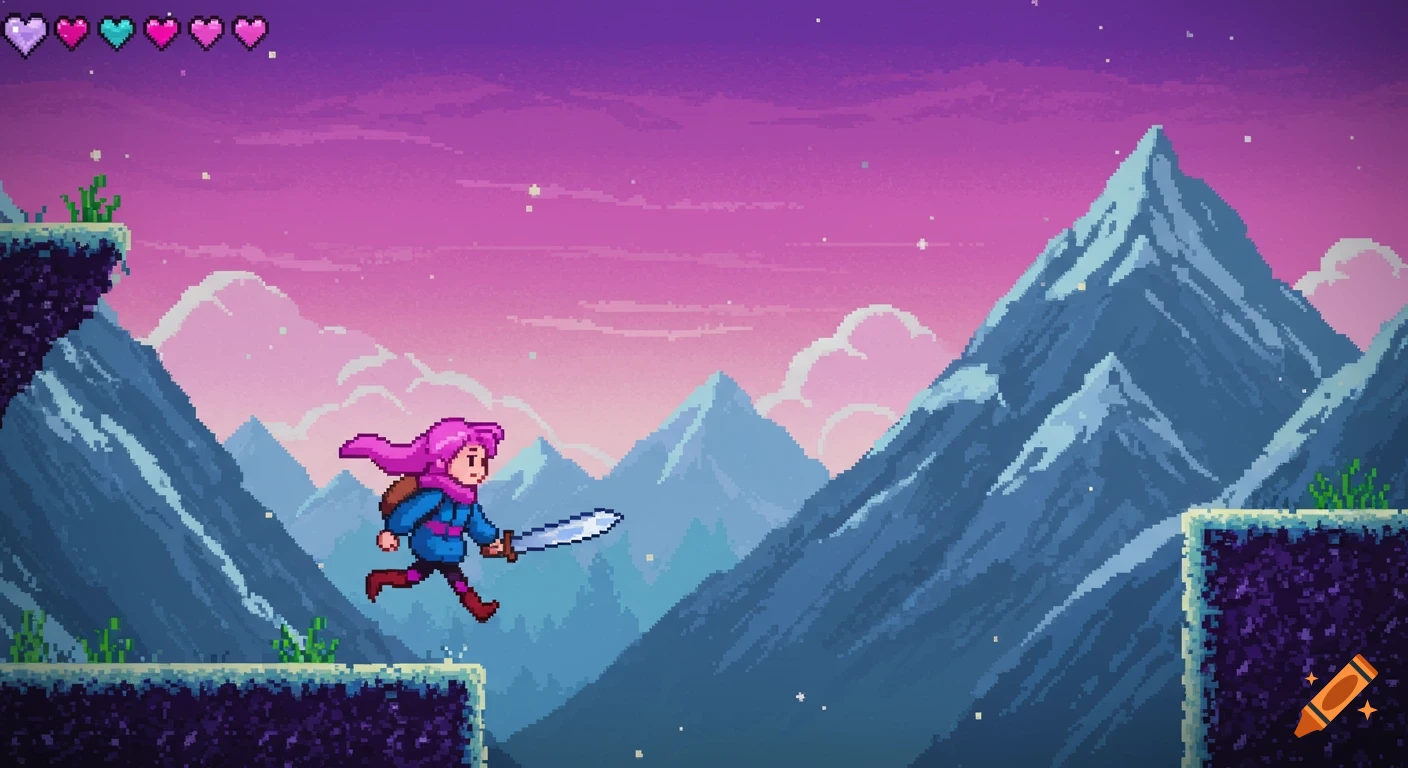 Pixel art video game scene of a pink-haired character with a sword running on platforms against a purple sky and mountains. Health bar visible.