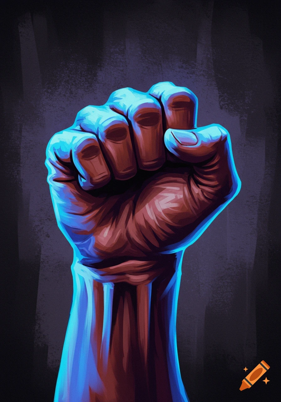 A stylized illustration of a raised brown fist glowing with blue light against a dark, textured background.