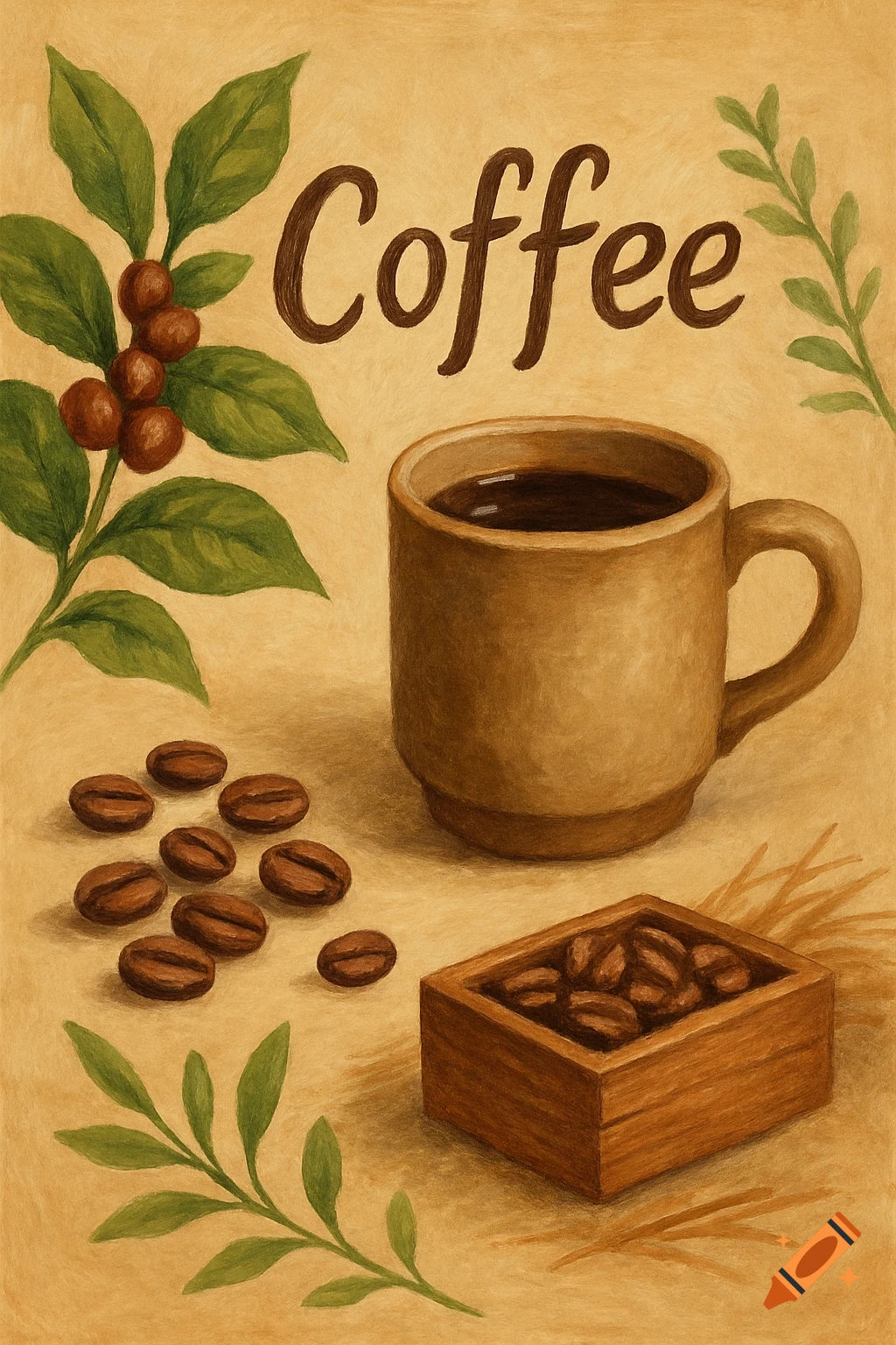 An illustration of a brown coffee mug, coffee beans scattered, a small wooden box of beans, and coffee plant branches on a textured beige background with the word "Coffee" at the top.