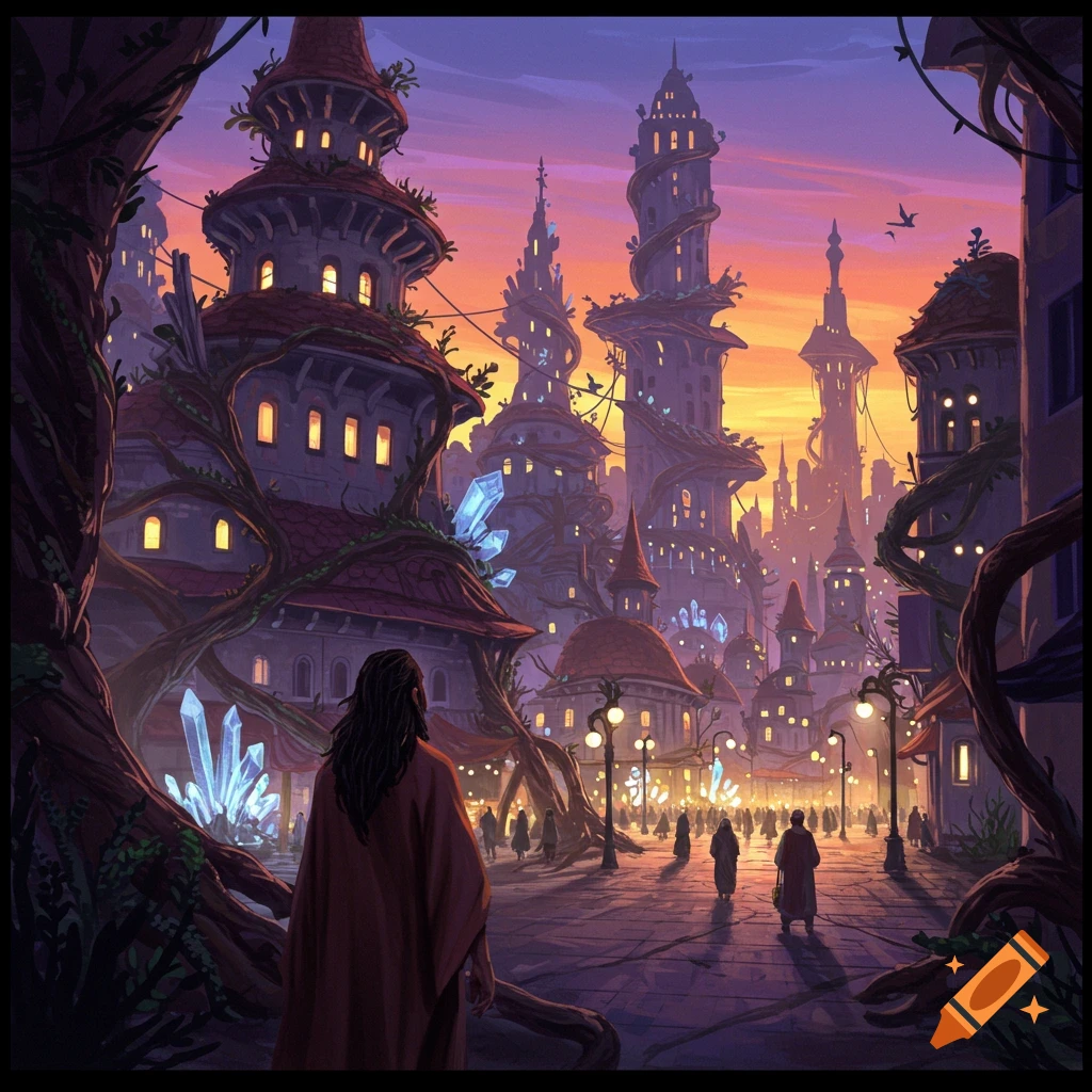 A digital painting of a person viewing a fantasy city at sunset ...