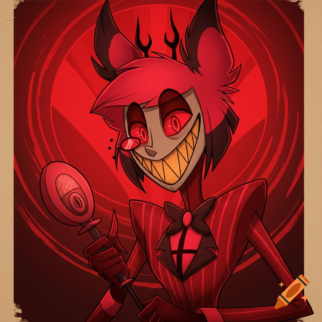Alastor, the Radio Demon from Hazbin Hotel, grins widely, holding a microphone against a red swirling background.
