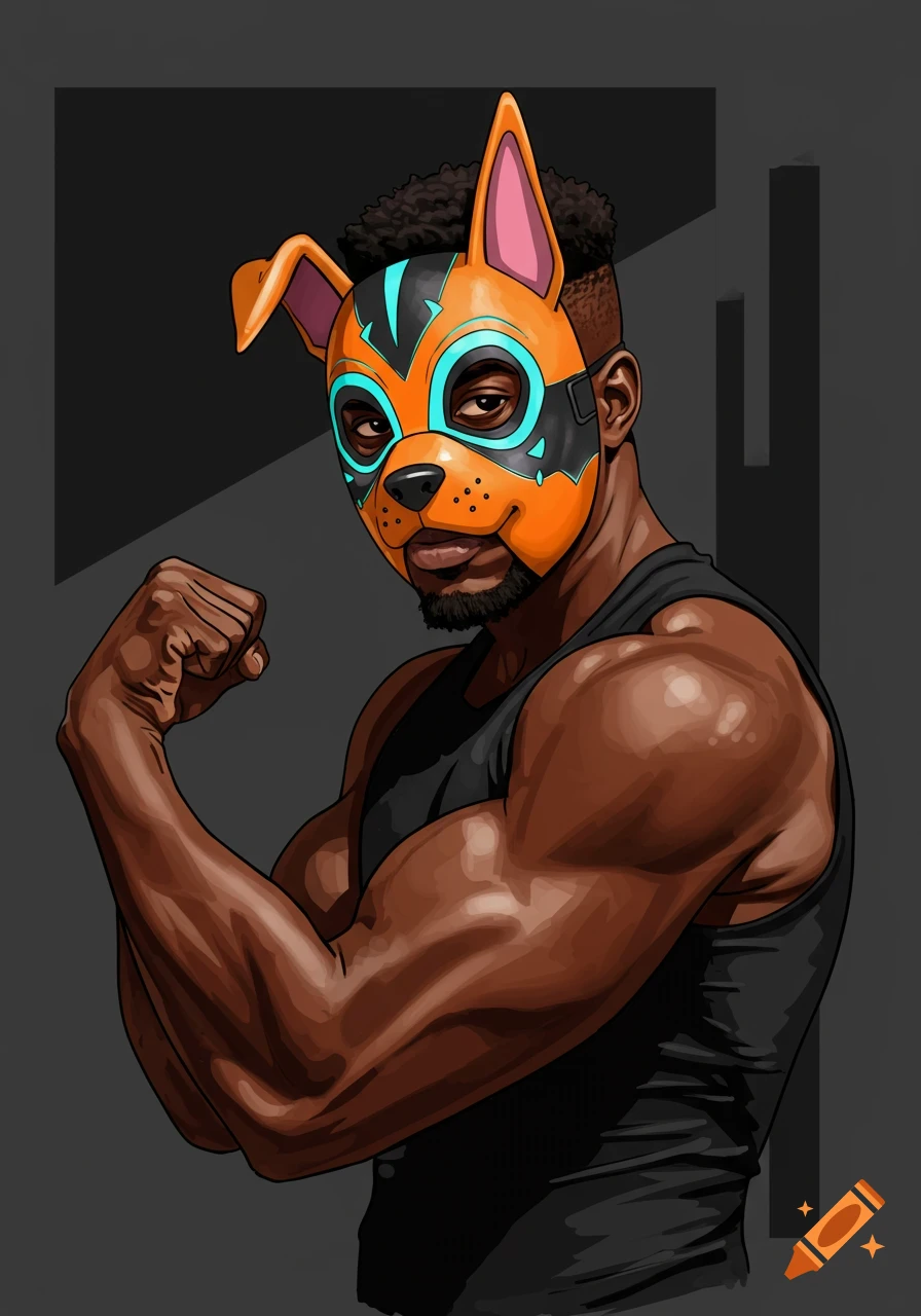 A muscular Black man wearing an orange and blue pup mask, with his bicep flexed, in a comic art style.