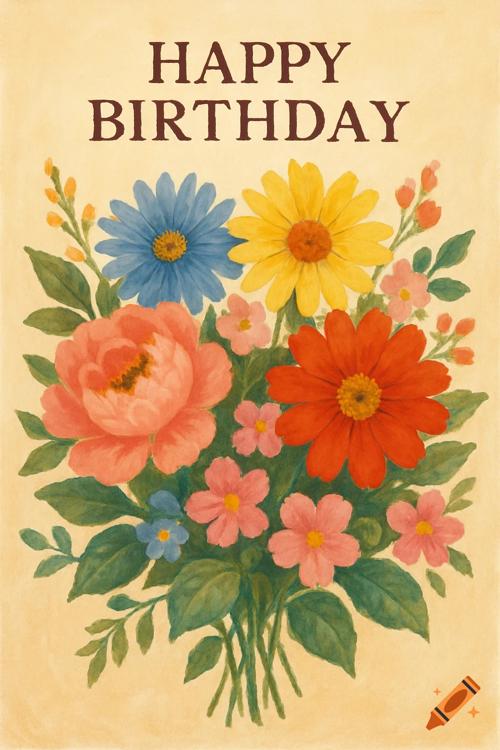 A vintage-style birthday card featuring a vibrant bouquet of various flowers including blue, yellow, peach, and red blooms on a light yellow background, with "HAPPY BIRTHDAY" at the top.