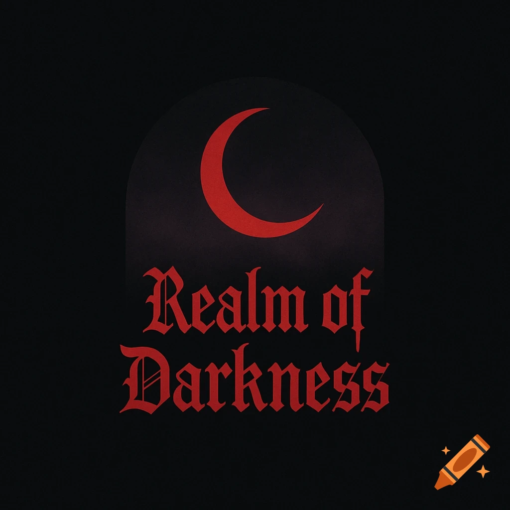 A minimalist gothic logo with a red crescent moon and "Realm of Darkness" text on a dark background.