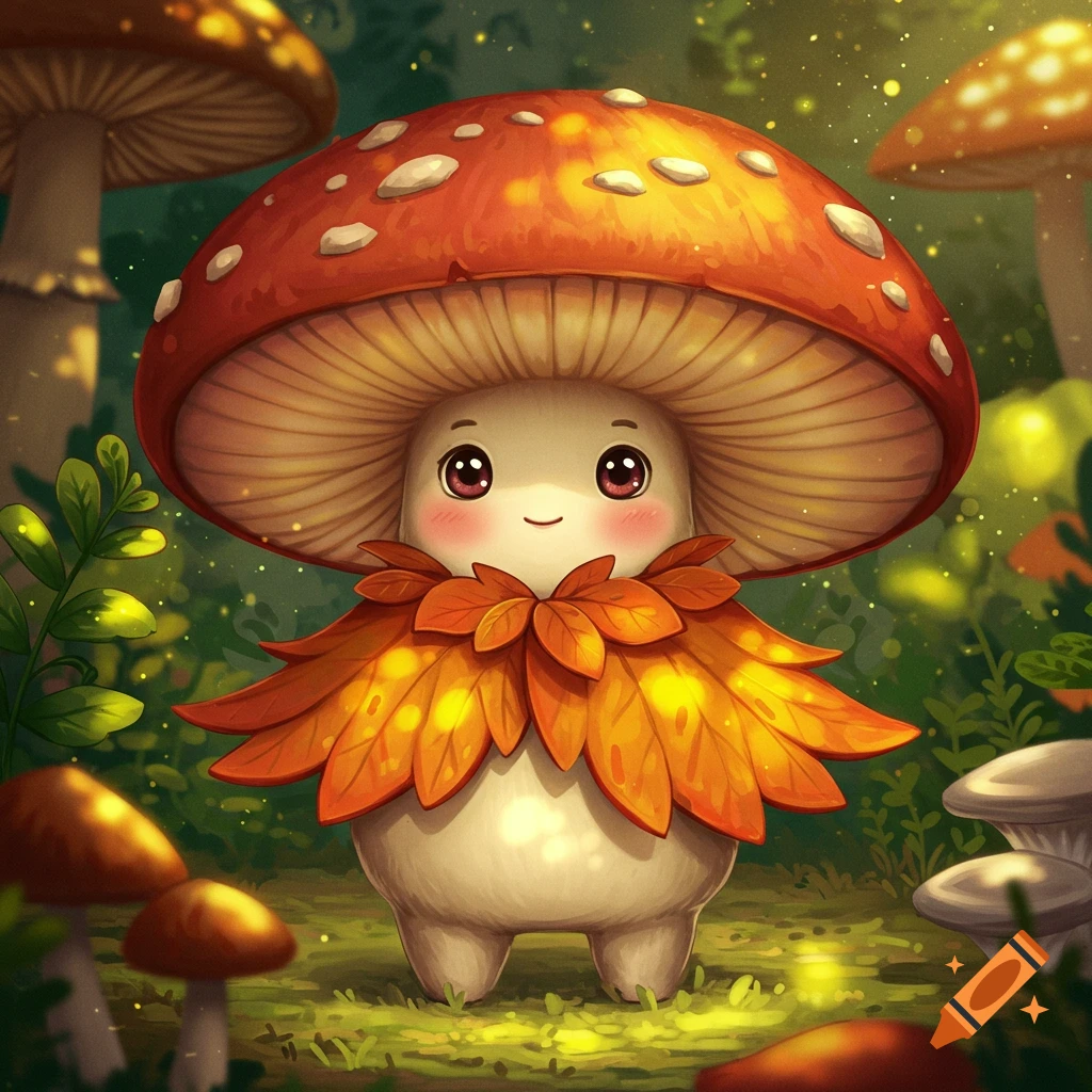 A cute mushroom person with a red cap and a cape made of orange leaves, standing in a magical, glowing forest.