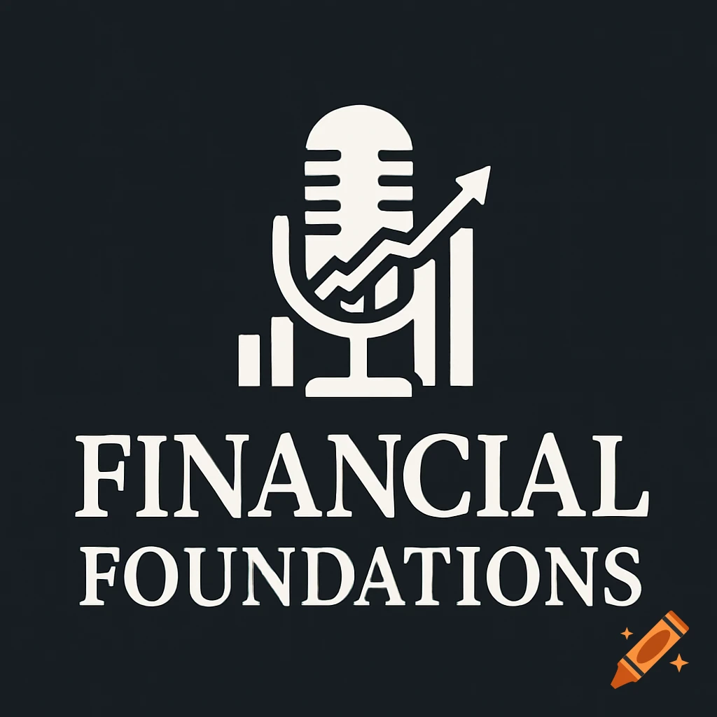 White logo on a dark background featuring a microphone, a financial graph with an upward arrow, and the text "FINANCIAL FOUNDATIONS" below.