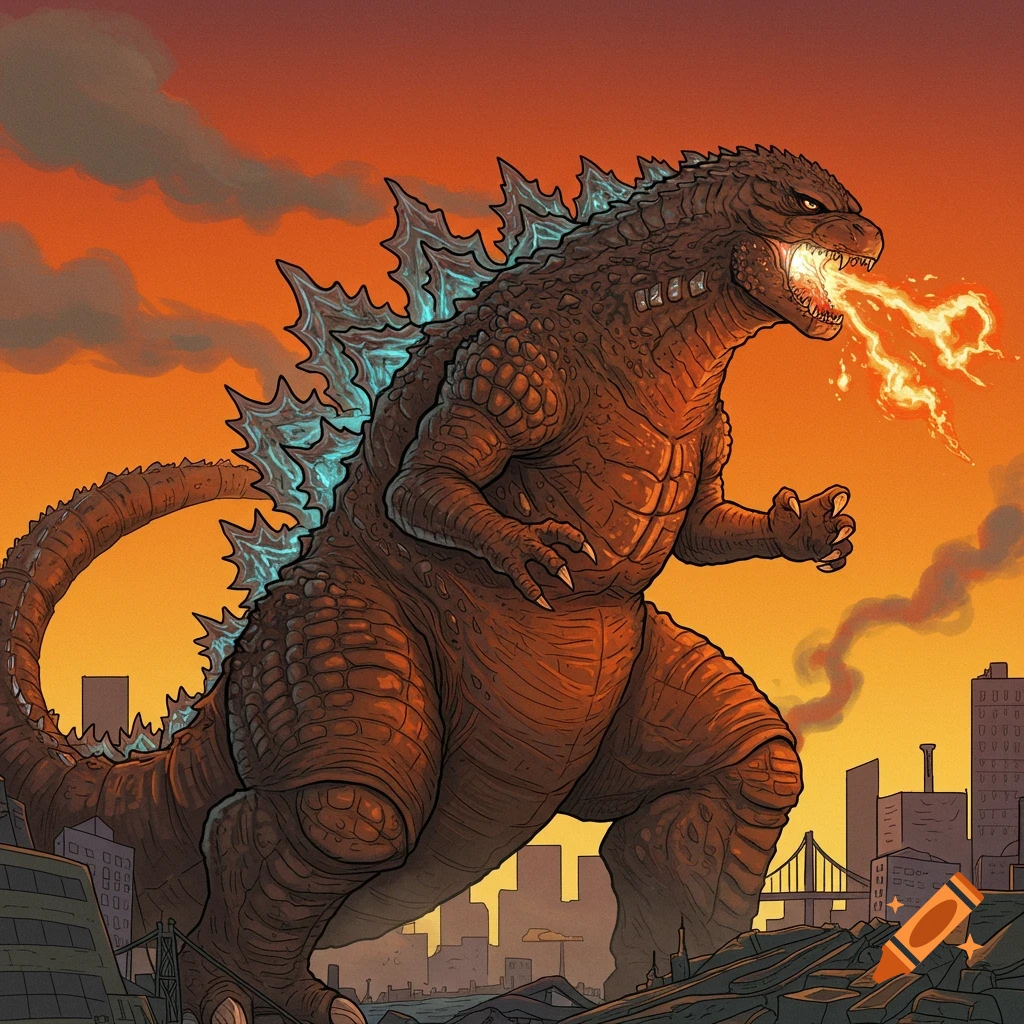Godzilla, a large brown creature with blue glowing spines, roars and breathes fire over a destroyed cityscape at sunset, in a comic book art style.
