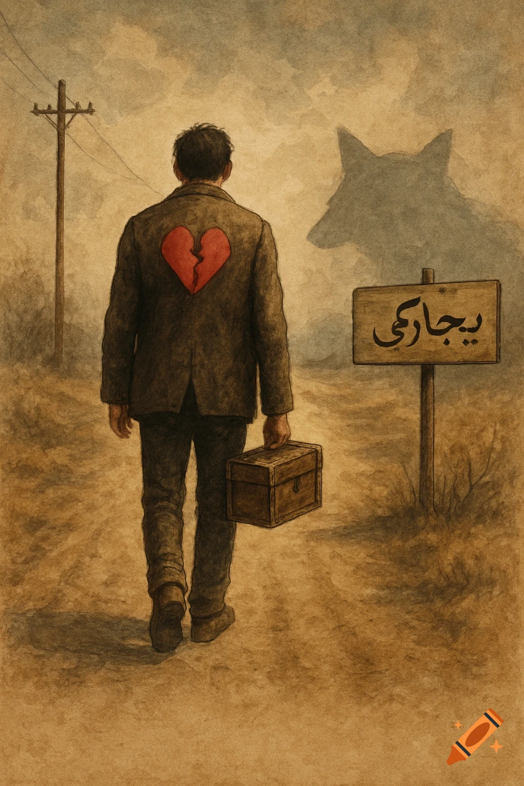 A man with a broken red heart on his back walks away, carrying a wooden box. A large wolf shadow looms behind a sign that reads "misery" in Persian.