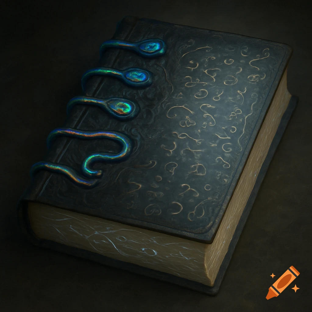 A dark, ornate leather-bound book with iridescent, glowing tendrils resembling serpents coiling along its spine. Mysterious symbols are embossed on its cover and faint patterns on its pages.