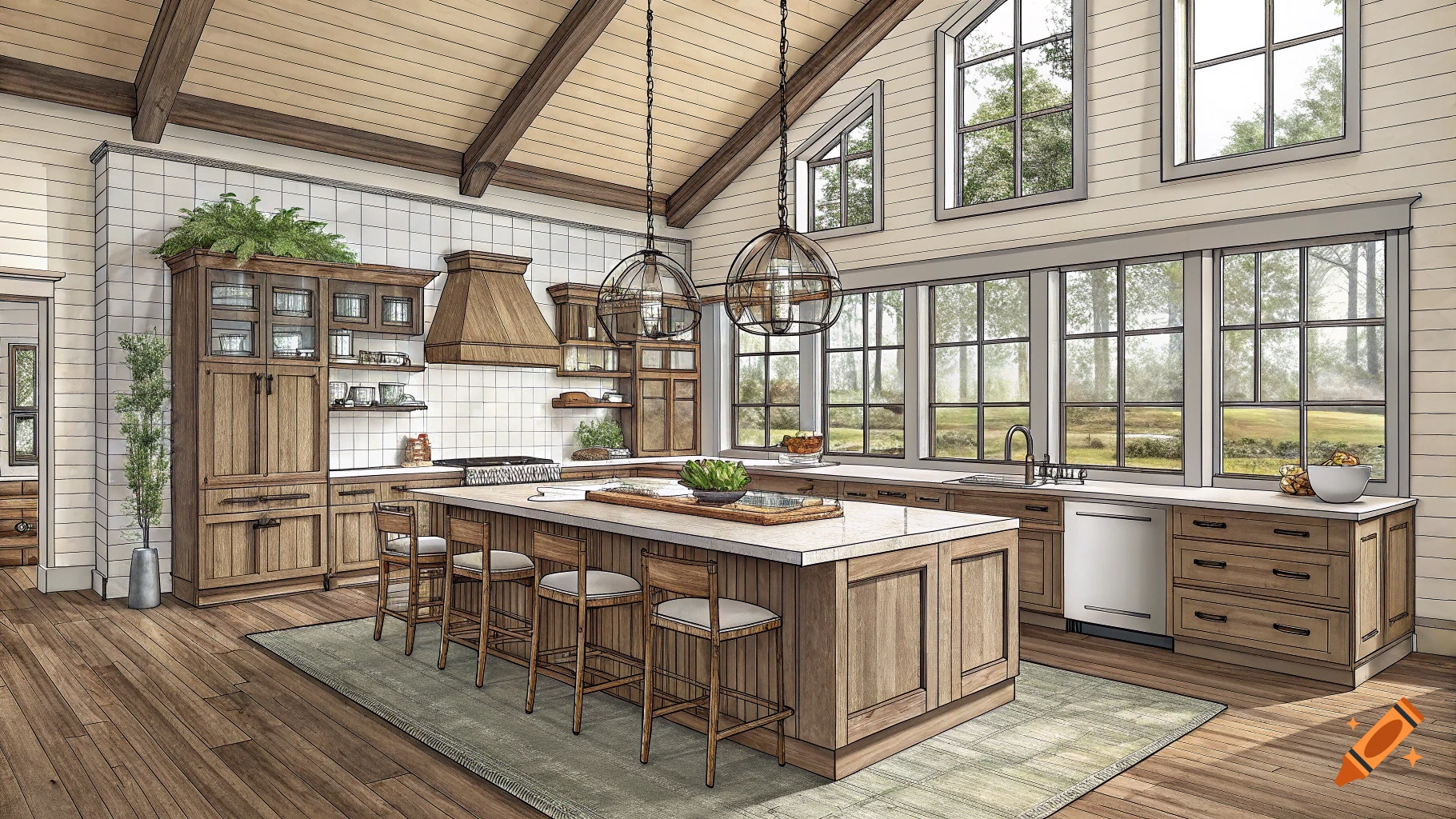 A rustic-modern kitchen interior featuring a large island, wooden beams, vaulted ceiling, and a wall of windows in a drawing style.