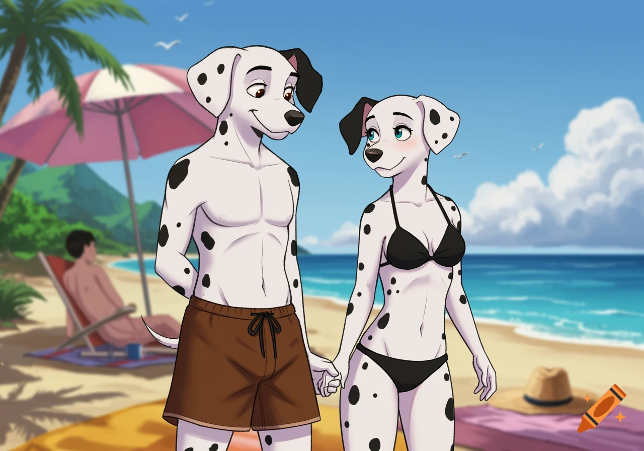 A Disney-style drawing of humanoid Dalmatians, Pongo and Perdita, holding hands on a sunny beach. Pongo wears brown swim shorts, Perdita a black bikini.